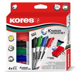 Tábla- és flipchart marker készlet mágneses táblatörlő szivaccsal, 3 mm, kúpos KORES "XW1", 4 különböző szín